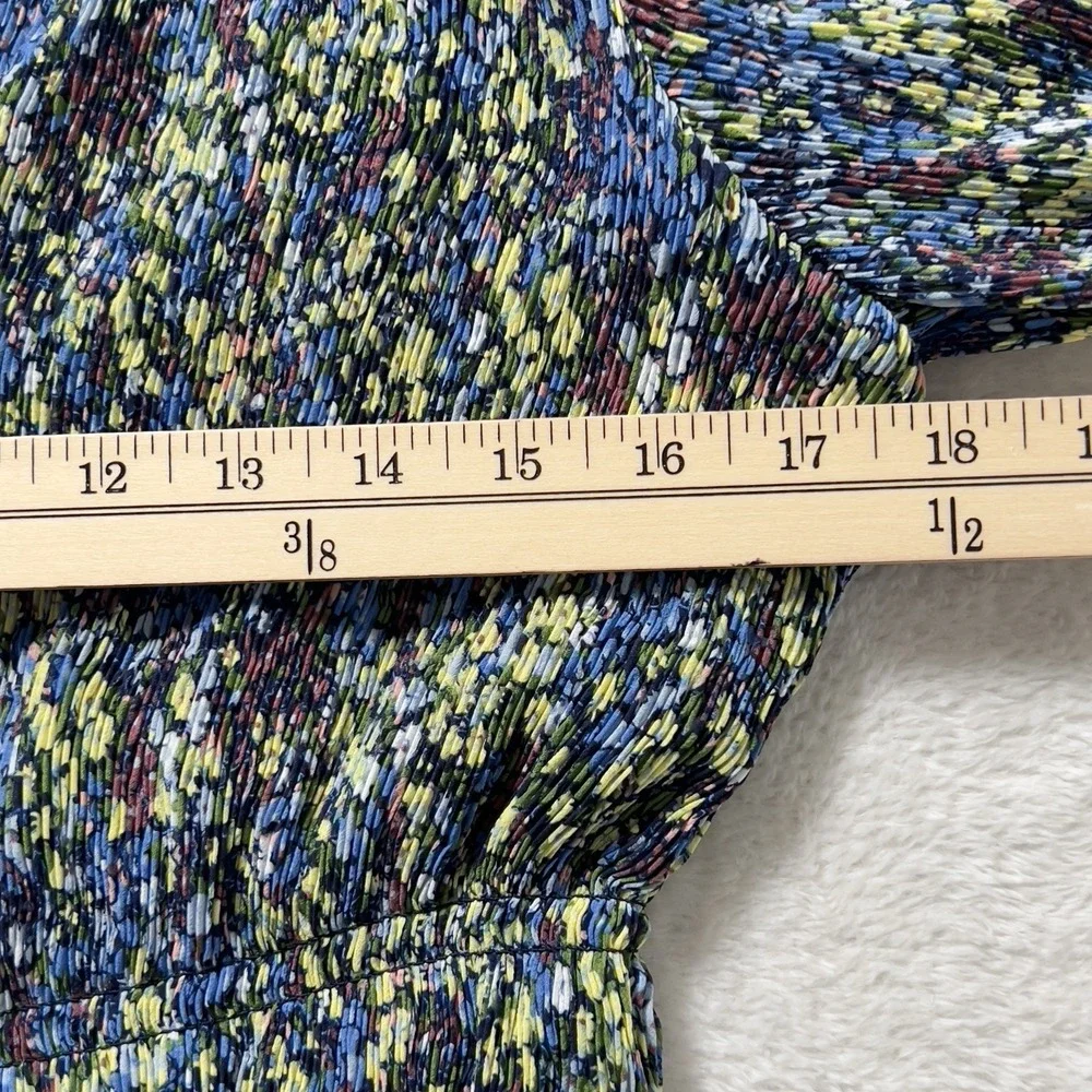 Boden Plisse Mini Dress Sz US 6L‎ XS Blue Floral V Neck Long Sleeve Dress